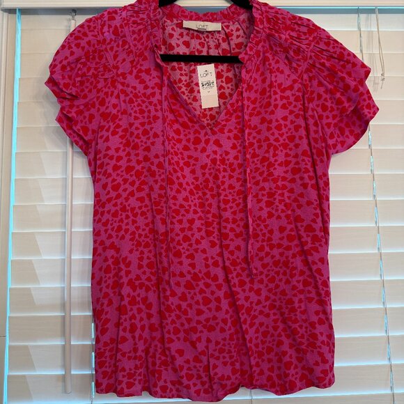 NWT Loft Pink & Red Hearts Ruffle Short Sleeve Top (Size: M) - Picture 1 of 3